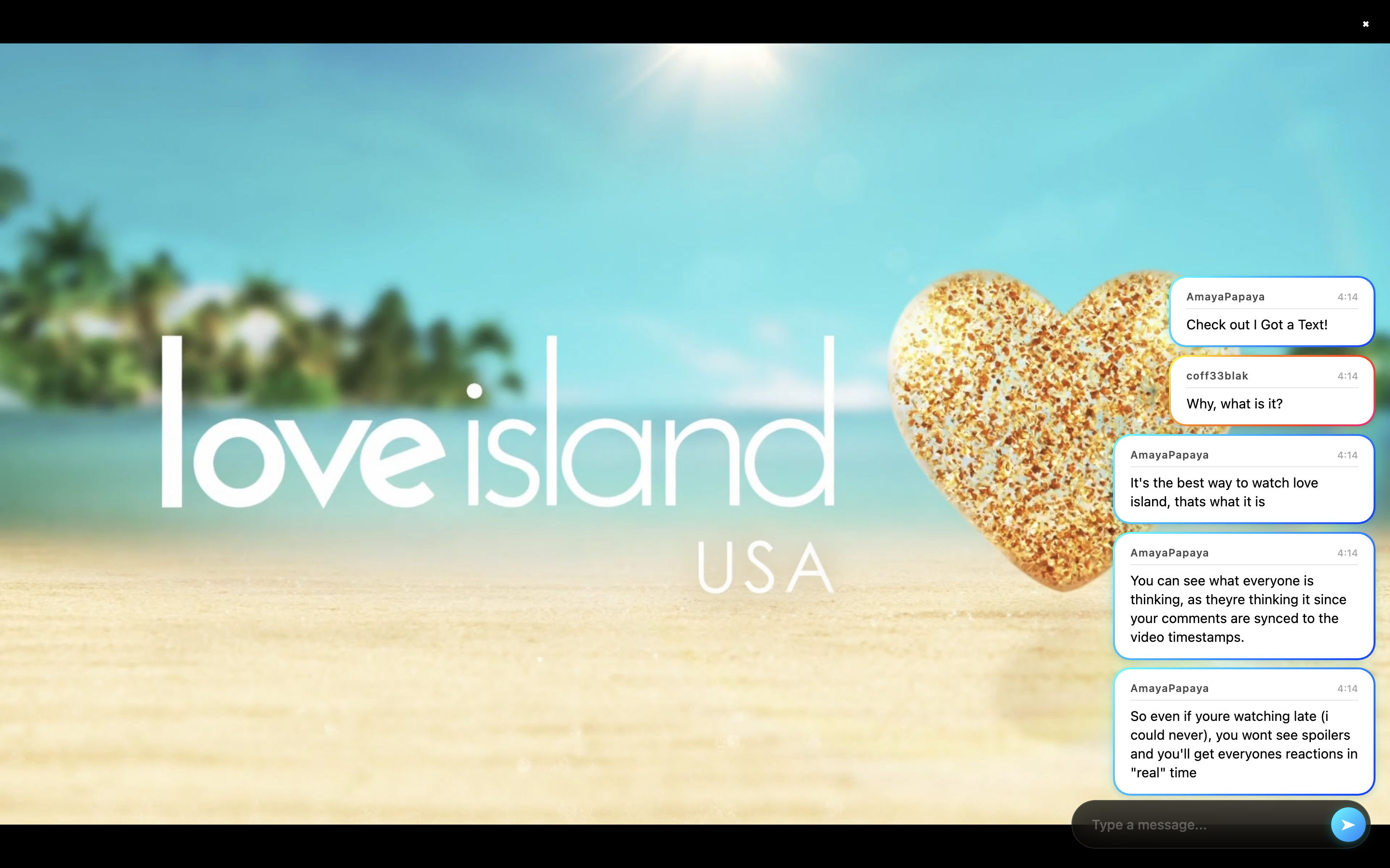 Love Island USA with the I Got a Text live chat overlay